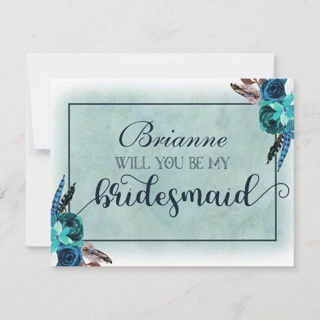 Navy Blue & Aqua Boho blir min Bridesmaid Inbjudningar (Framsida)