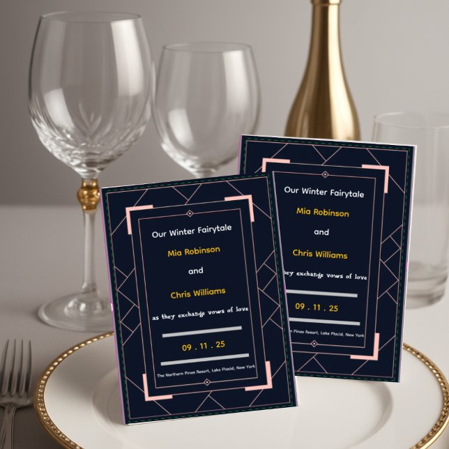 Navy Blue Art Deco Rose Gold Geometric Wedding Inbjudningar (Navy Blue Art Deco Rose Gold Geometric Wedding)