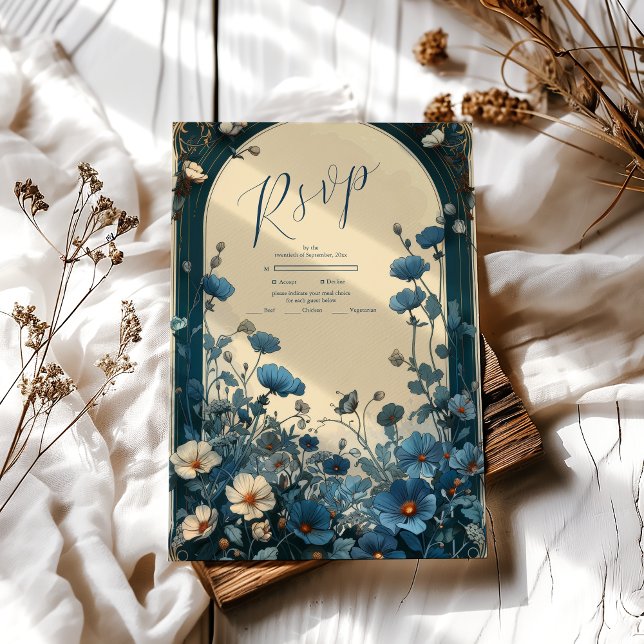 Navy Blue Art Nouveau Bröllop OSA Kort (Skapare uppladdad)
