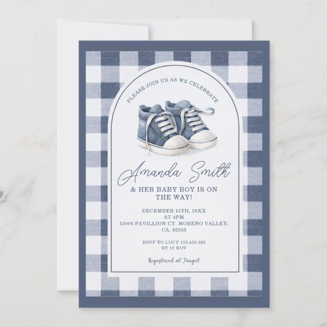 Navy Blue BabShoes Gingham Baby Shower Invitation, Inbjudningar (Framsida)