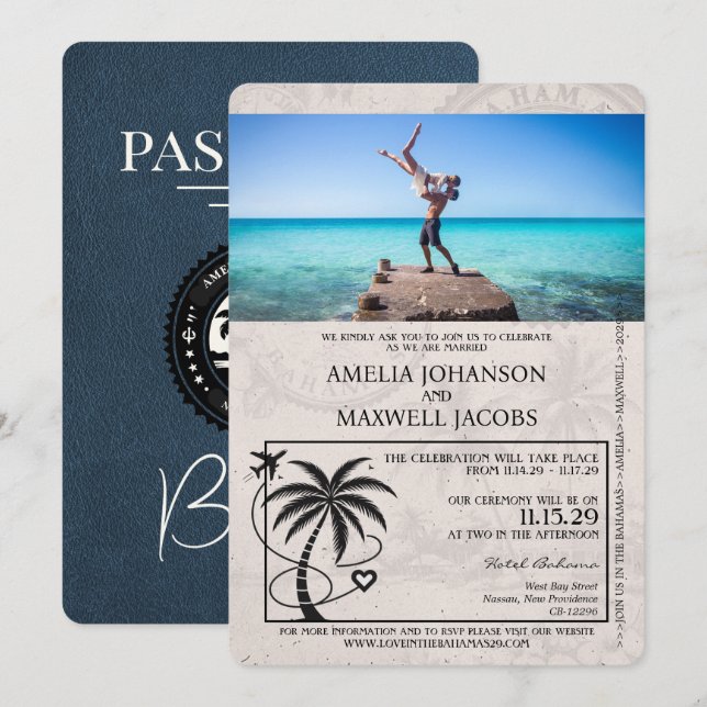 Navy Blue Bahamas-pass inbjudan till bröllop (Fram/baksida)