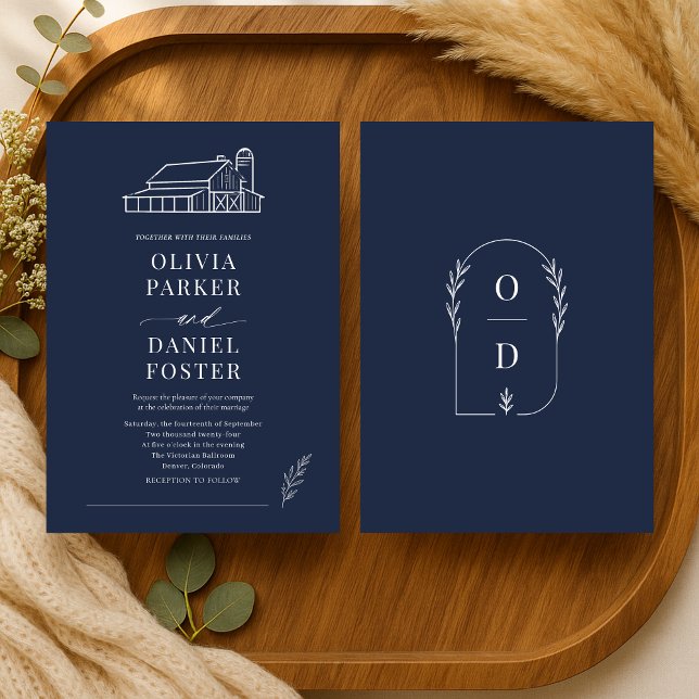 Navy Blue Barn Farmhouse Line Art Bröllop Inbjudningar (Skapare uppladdad)