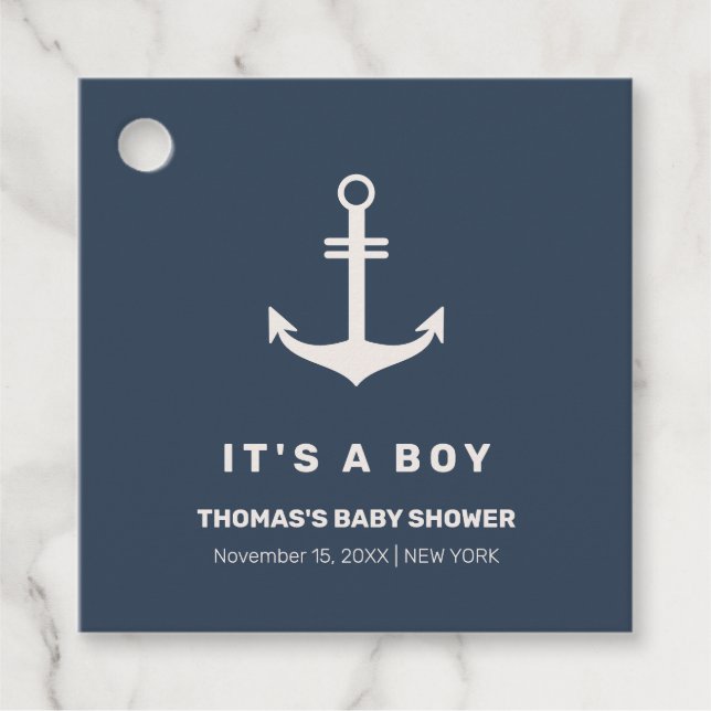 Navy Blue Beige Nautical Anchor Baby Shower Gåvor Etiketter (Framsida)