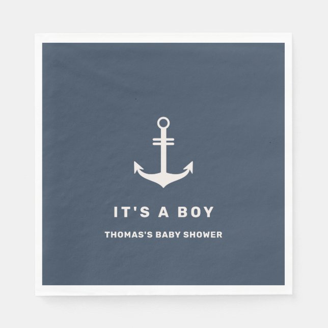 Navy Blue Beige Nautical Anchor Baby Shower Pappersservett (Framsidan)