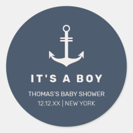 Navy Blue Beige Nautical Anchor Baby Shower Runt Klistermärke