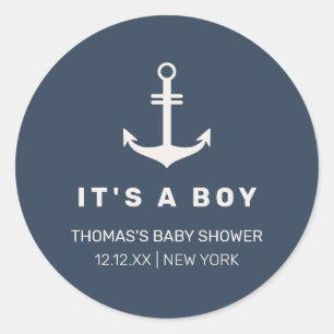 Navy Blue Beige Nautical Anchor Baby Shower Runt Klistermärke