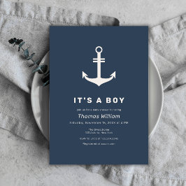 Navy Blue Beige Simple Nautical Anchor Baby Shower Inbjudningar