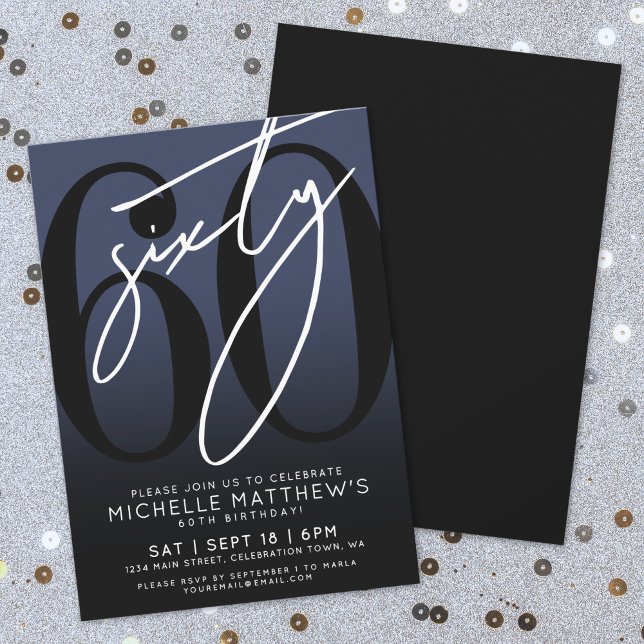 Navy Blue Black 60-års födelsedagsfest Inbjudningar (Navy Blue Black 60th Birthday Party Invitation)