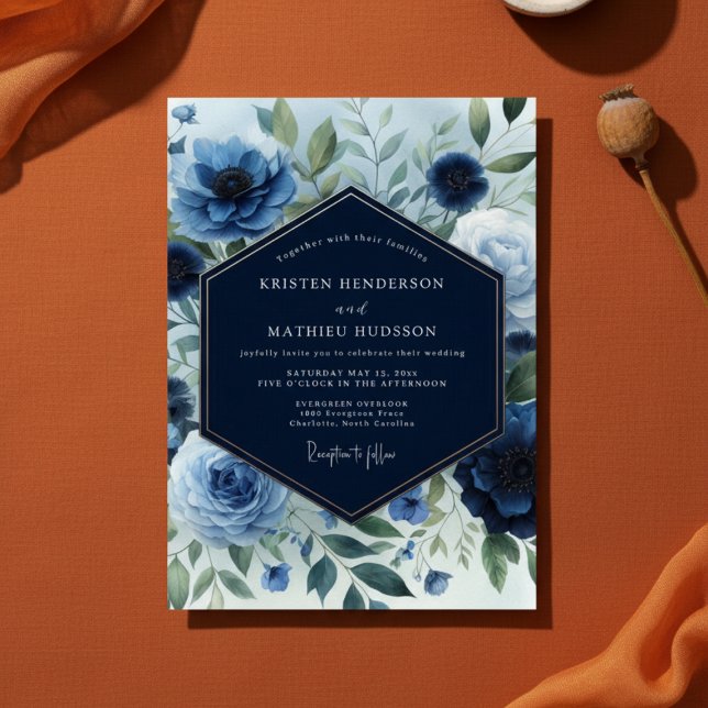 Navy Blue Blommig Elegans Bröllop Inbjudningar (Skapare uppladdad)