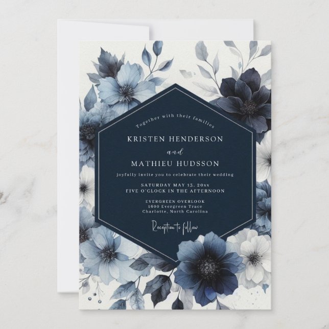 Navy Blue Blommig Whimsy Bröllop Inbjudningar (Framsida)
