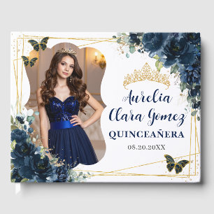 Navy Blue Blommiga Fjärilar QUINCEAÑERA 16 Foto Gästböcker