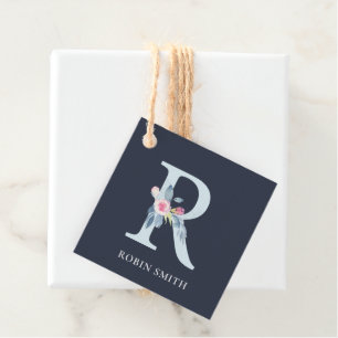 NAVY  BLUE BLOMMIGT ALPHABETS NAMN BREV R GÅVOR ETIKETTER