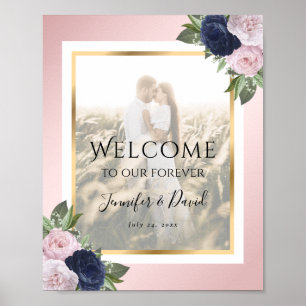 Navy Blue Blommigt Bröllop Photo Welcome Sign Poster