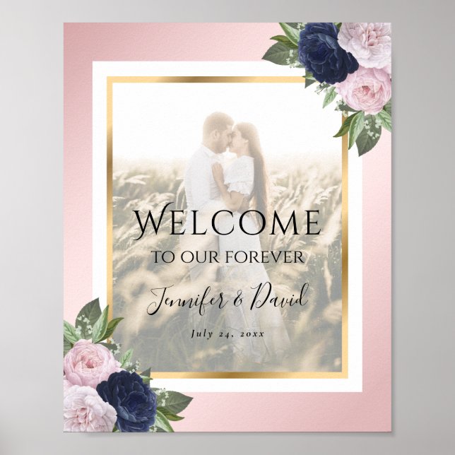 Navy Blue  Blommigt Bröllop Photo Welcome Sign Poster (Framsidan)