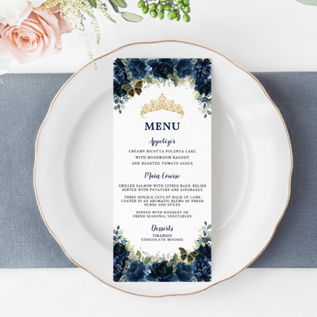 Navy Blue Blommigt Guld Quinceanera Birthday Menu Program (Skapare uppladdad)