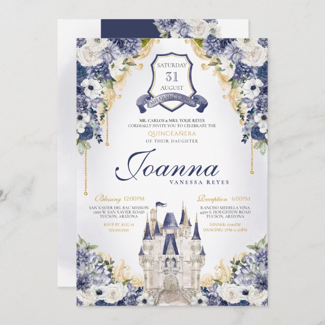 Navy Blue Blommigt Princess Castle Royal Quince Inbjudningar (Fram/baksida)