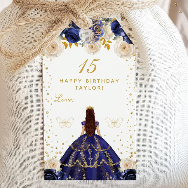 Navy Blue Blommigt Princess Grattis på födelsedage Presentetikett (Skapare uppladdad)