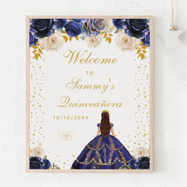 Navy Blue Blommigt Princess Quinceañera Välkommen Poster (Skapare uppladdad)