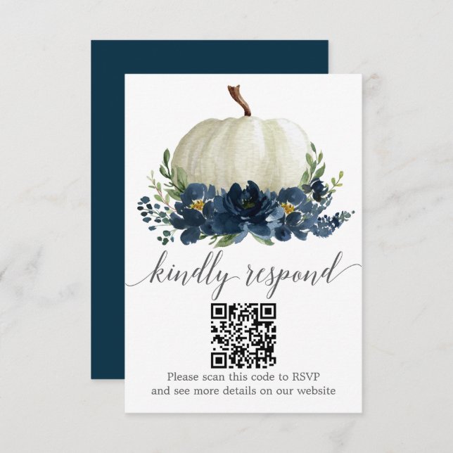 Navy Blue Blommigt Pumpkin Bröllop QR OSA Tilläggskort (Fram/baksida)