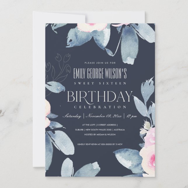 NAVY  BLUE BLOMMIGT SVEET 16 ÅR BIRTHDAY INBJUDNINGAR (Framsida)