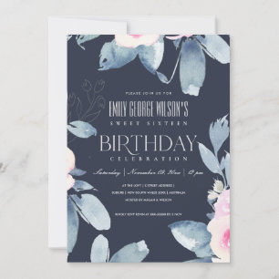 NAVY  BLUE BLOMMIGT SVEET 16 ÅR BIRTHDAY INBJUDNINGAR