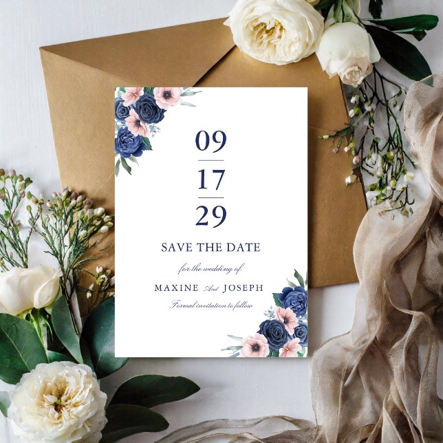 Navy Blue & Blush Blommig Geometrisk Bröllop Spara Datumet (Navy blue and blush floral save the date shares your wedding news with elegance.)