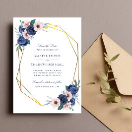 Navy Blue & Blush Blommig Geometrisk Bröllop Spara Datumet