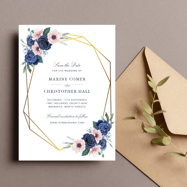 Navy Blue & Blush Blommig Geometrisk Bröllop Spara Datumet (Navy blue and blush floral save the date announces your wedding with elegant charm.)