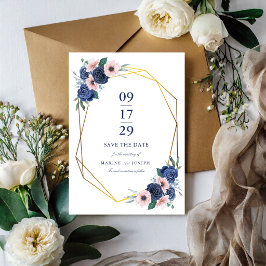 Navy Blue & Blush Blommig Geometrisk Bröllop Spara Datumet