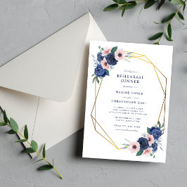 Navy Blue & Blush Blommig Övningsmiddag Inbjudningar