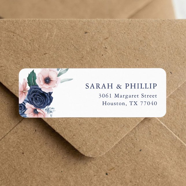 Navy Blue & Blush Blommig Returadress  Etikett (Navy blue and blush floral return address label adds polished style to every envelope.)