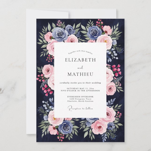 Navy Blue Blush Botanisk Romantisk Bröllop Inbjudningar (Framsida)