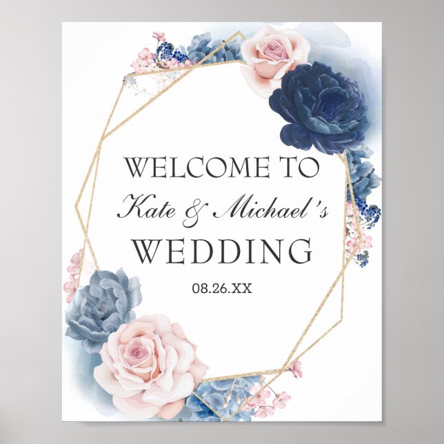 Navy Blue Blush Dusty Floral Gold Frame Wedding Poster (Framsidan)