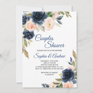 Navy Blue & Blush Floral Couples Shower Invitation Inbjudningar