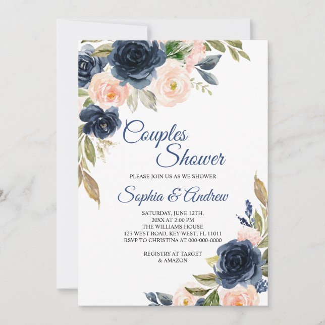 Navy Blue & Blush Floral Couples Shower Invitation Inbjudningar (Framsida)