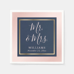 Navy Blue Blush Gold Mr and Mrs Wedding Pappersservett