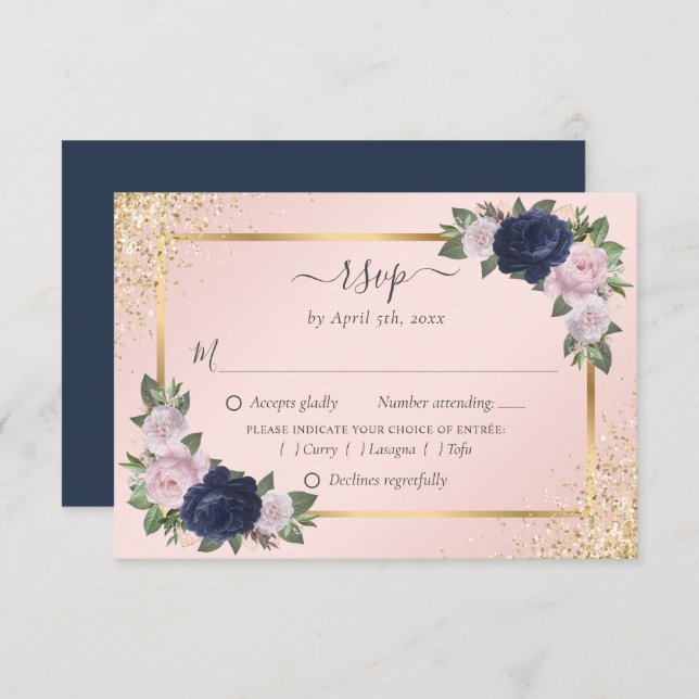 Navy Blue Blush Gold Wedding RSVP Meal Choice OSA Kort (Fram/baksida)