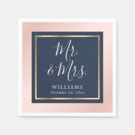 Navy Blue Blush Guld Mr och Mrs Bröllop Pappersservett