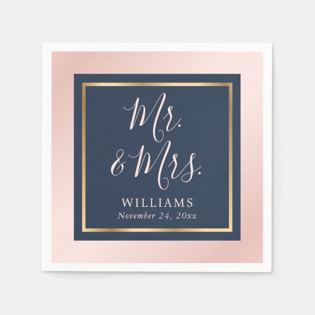 Navy Blue Blush Guld Mr och Mrs Bröllop Pappersservett (Framsidan)