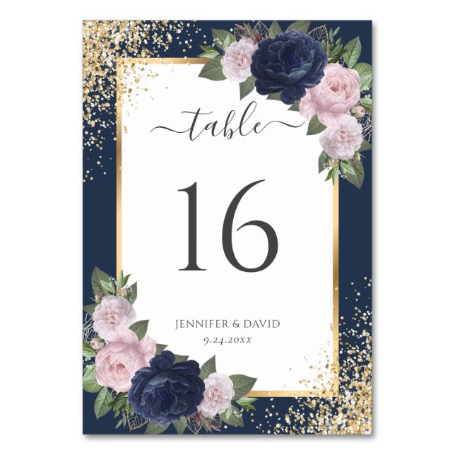 Navy Blue Blush Pink Gold Confetti Floral Wedding Bordsnummer (Baksidan)