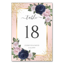 Navy Blue Blush Pink Gold Confetti Floral Wedding Bordsnummer
