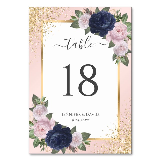 Navy Blue Blush Pink Gold Confetti Floral Wedding Bordsnummer (Framsidan)