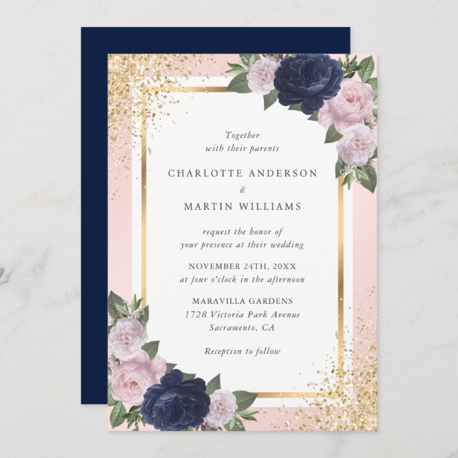 Navy Blue Blush Pink Gold Floral Wedding Inbjudningar (Fram/baksida)