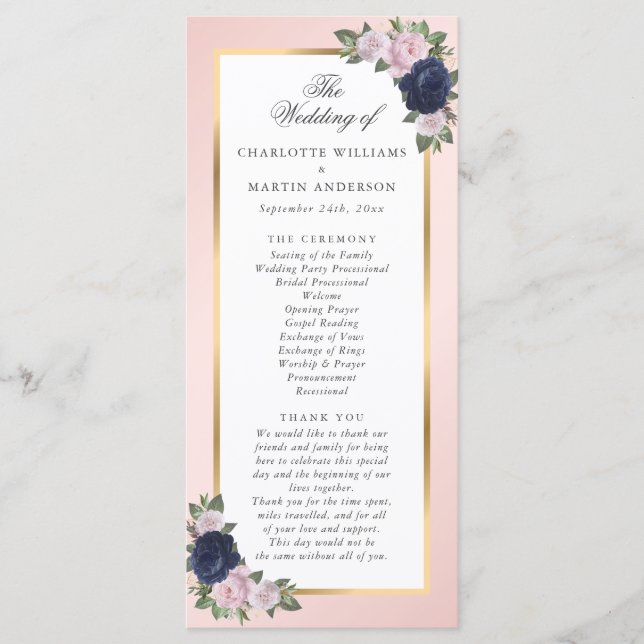 Navy Blue Blush Pink Gold Floral Wedding Program (Framsida)