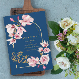 Navy Blue Blush Pink Magnolia Floral Save the Date Inbjudningar