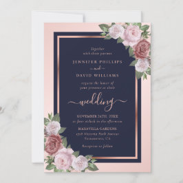 Navy Blue Blush Rose Gold Floral Wedding Inbjudningar