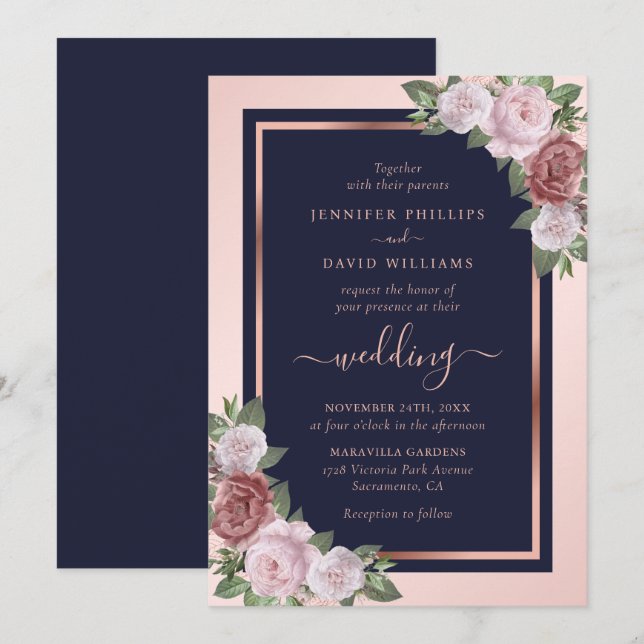 Navy Blue Blush Rose Gold Floral Wedding Inbjudningar (Fram/baksida)