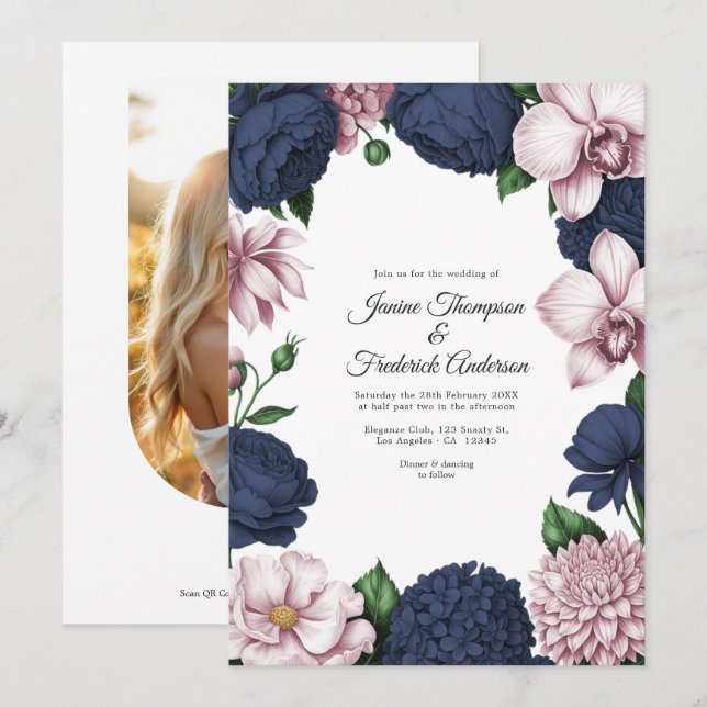 Navy Blue & Blush Watercolor Blommig Bröllopsinbju Inbjudningar (Fram/baksida)