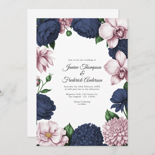 Navy Blue & Blush Watercolor Floral Wedding Inbjudningar (Fram/baksida)