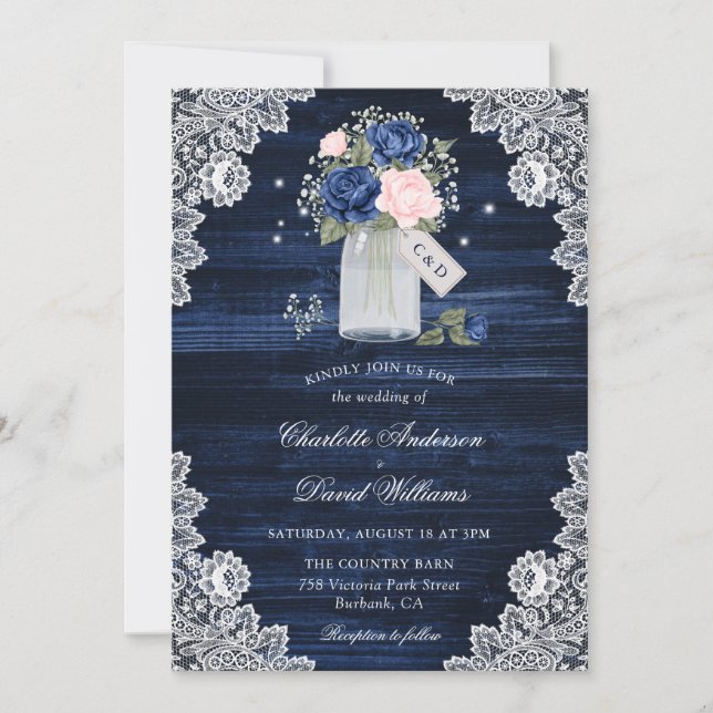 Navy Blue Blush Wood Lace Mason Jar Floral Wedding Inbjudningar (Framsida)